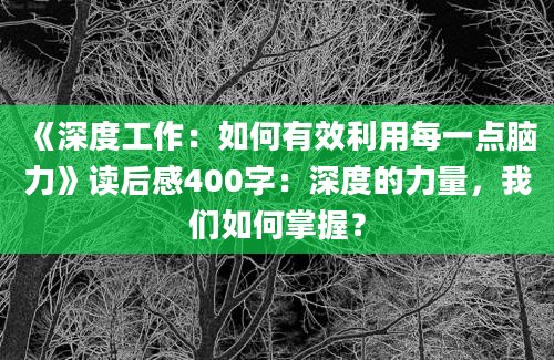 《深度工作：如何有效利用每一点脑力》读后感400字：深度的力量，我们如何掌握？