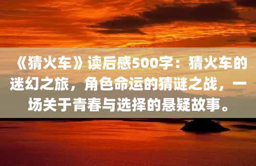 《猜火车》读后感500字：猜火车的迷幻之旅，角色命运的猜谜之战，一场关于青春与选择的悬疑故事。