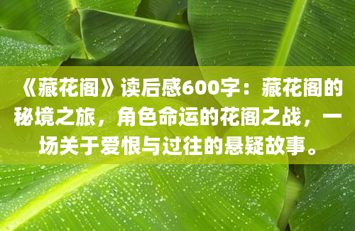 《藏花阁》读后感600字：藏花阁的秘境之旅，角色命运的花阁之战，一场关于爱恨与过往的悬疑故事。