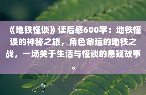 《地铁怪谈》读后感600字：地铁怪谈的神秘之旅，角色命运的地铁之战，一场关于生活与怪谈的悬疑故事。