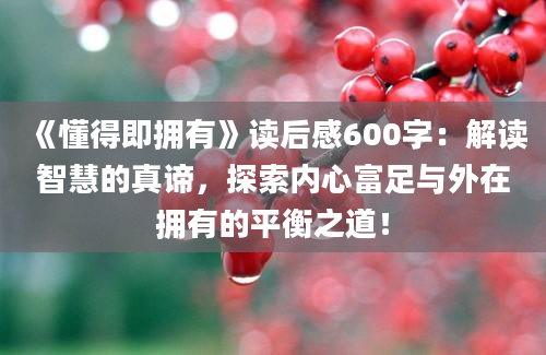 《懂得即拥有》读后感600字：解读智慧的真谛，探索内心富足与外在拥有的平衡之道！