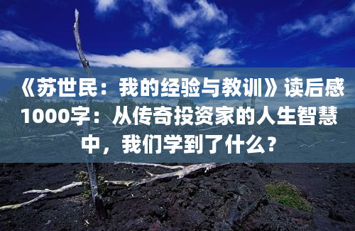 《苏世民：我的经验与教训》读后感1000字：从传奇投资家的人生智慧中，我们学到了什么？